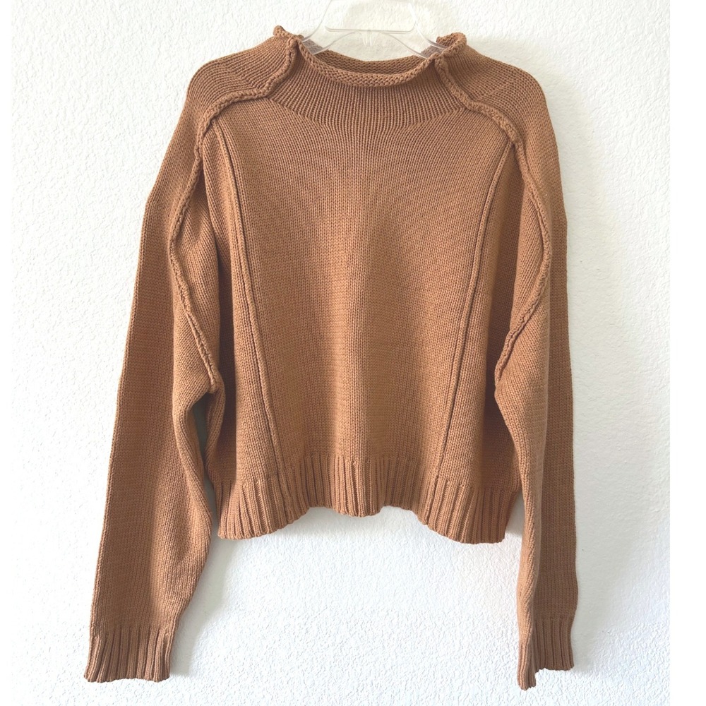 Mock Neck Exposed Seam Coastal 90s‎ Knit Sweater GeeGee Camel Brown SZ L